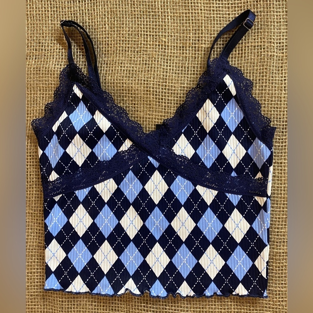 H&M Divided Blue Argyle Cropped Tank Top, Sz XS, Lace Trim, Adjustable Straps,